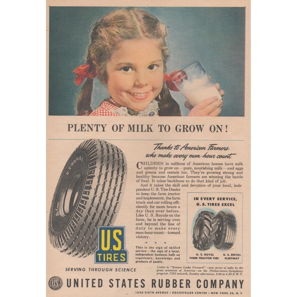 1945 Print Ad U.S. Tires United States Rubber Tractor‎ WWII Milk Farm Girl
